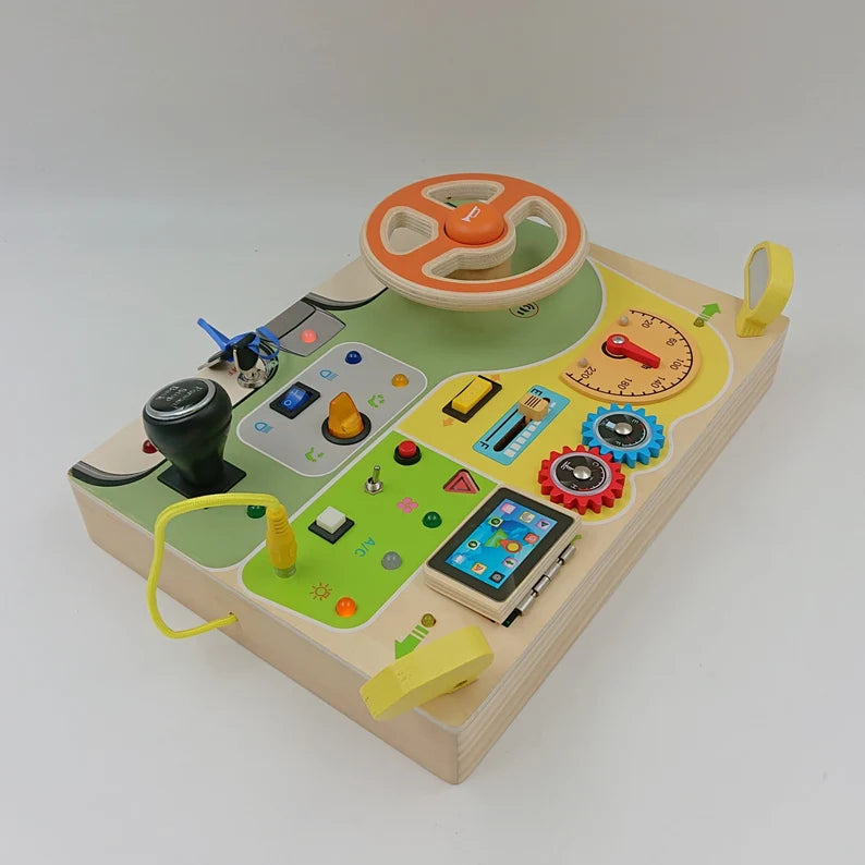 Montessori Wooden Busy Board with Steering Wheel, LED Lights, Engine Sounds & Key Turn – Toddler Sensory Toy
