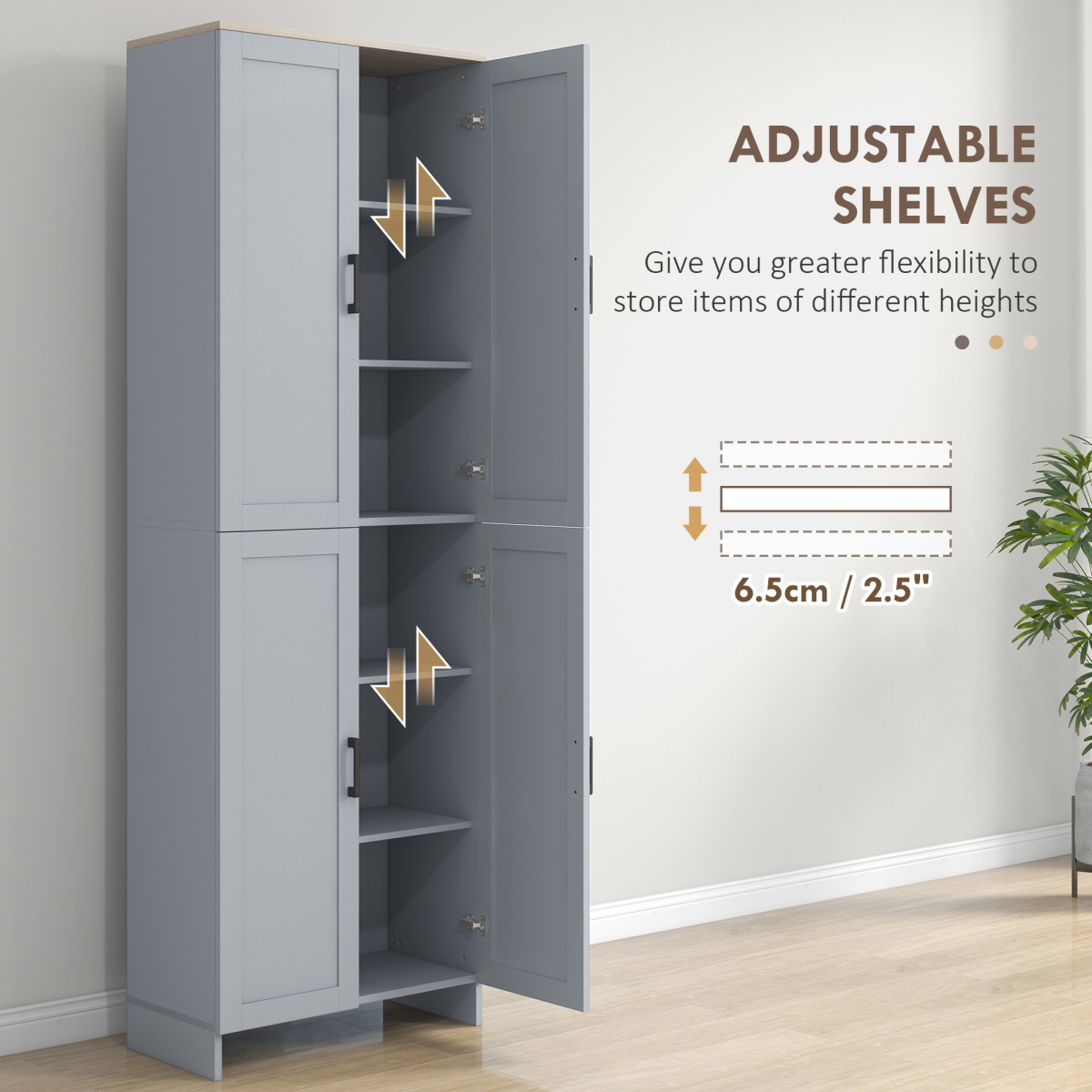 HOMCOM Modern Kitchen Cupboard Storage Cabinet with 6 Shelves & Enclosed Doors – Freestanding Pantry, Grey