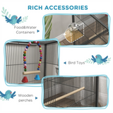 Rolling Bird Cage with Stand – Budgie, Canary and Finch Cage with Swing, Perches, Bowls and Storage Shelf, Grey