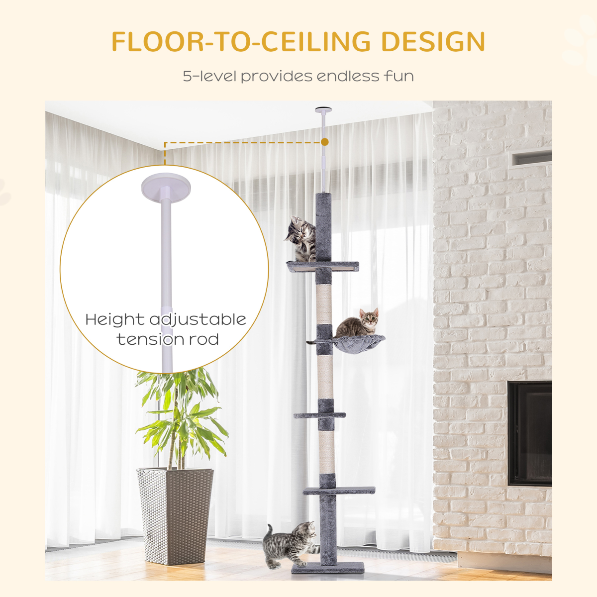 PawHut 5-Tier Cat Tree with Scratching Post, Floor to Ceiling Adjustable 230–260cm – Kitten Climbing Tower
