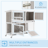 PawHut Two-Tier Wooden Rabbit Hutch with Ramp, Wheels, Trough & Rain Cover – Outdoor Pet House, Grey