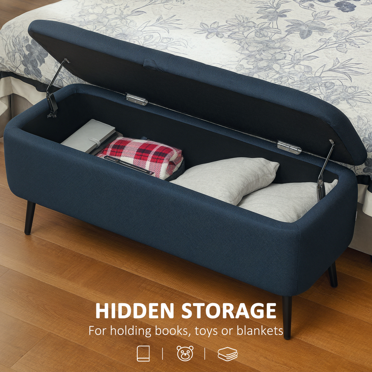 Storage Ottoman Bench with Padded Lid & Steel Legs – 102cm Linen-Touch Footstool with Hidden Storage, Dark Blue