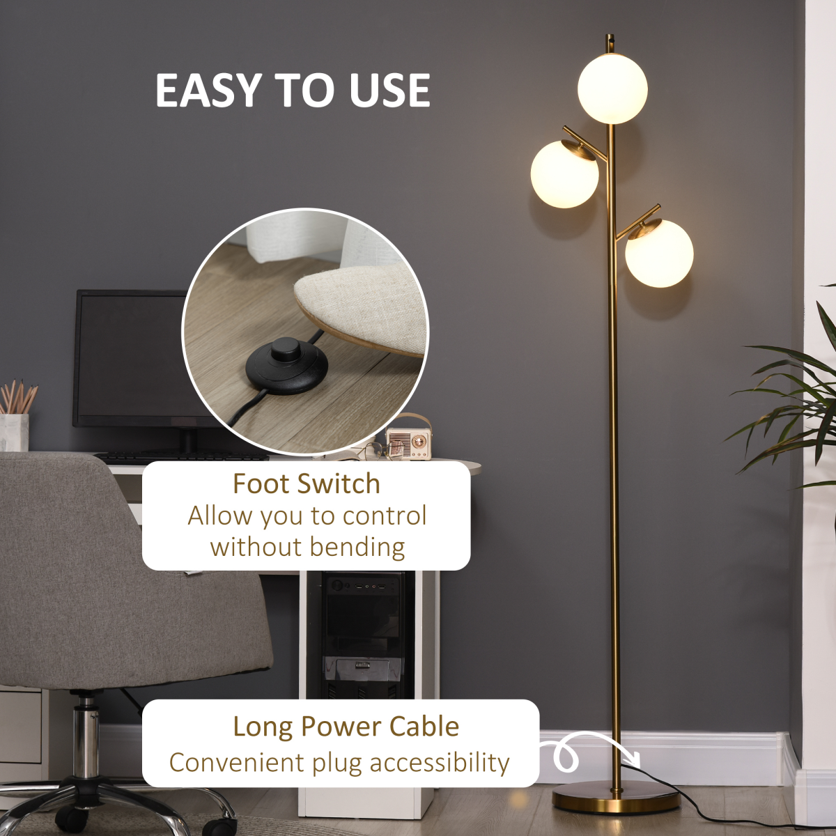 Modern 3-Light Tree Floor Lamp with Opaque Globe Shades & Foot Switch – Gold Metal Standing Lamp, 169cm