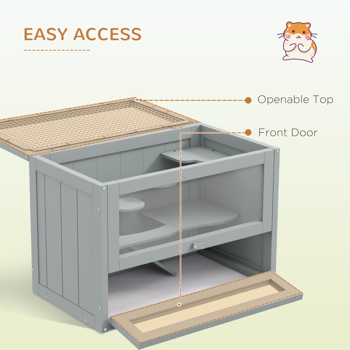 PawHut 2-Level Wooden Hamster Cage with Platforms, Ramp & Openable Mesh Roof – Small Animal Hutch, Grey