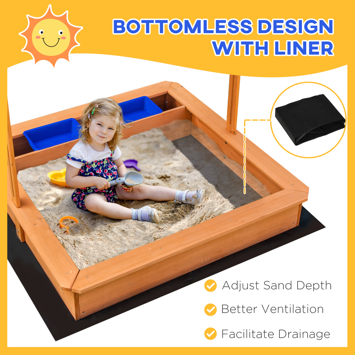 Outsunny Kids Wooden Sandbox with Height-Adjustable Canopy & Bottomless Liner – Outdoor Sand Pit, Fir Wood