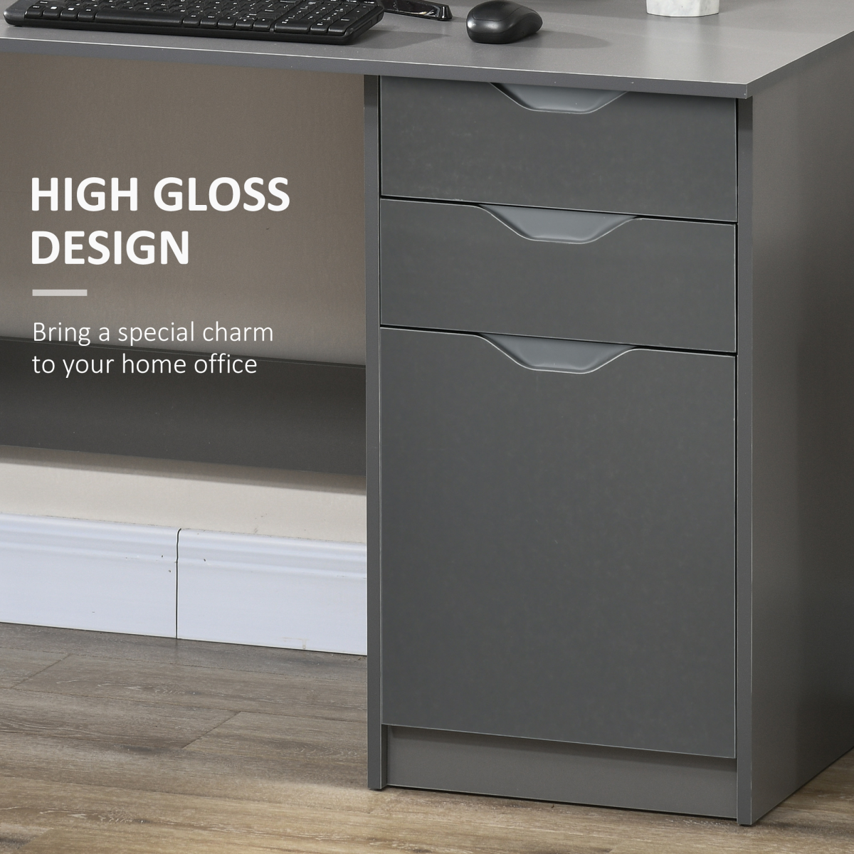 HOMCOM Computer Desk with 3 Drawers – Home Office Workstation with High Gloss Finish, Grey