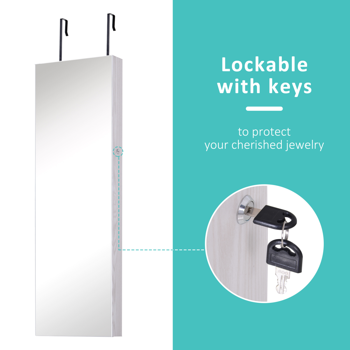 Lockable Hanging Mirrored Jewellery Cabinet with Full-Length Mirror & 6 LED Lights – White