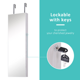 Lockable Hanging Mirrored Jewellery Cabinet with Full-Length Mirror & 6 LED Lights – White