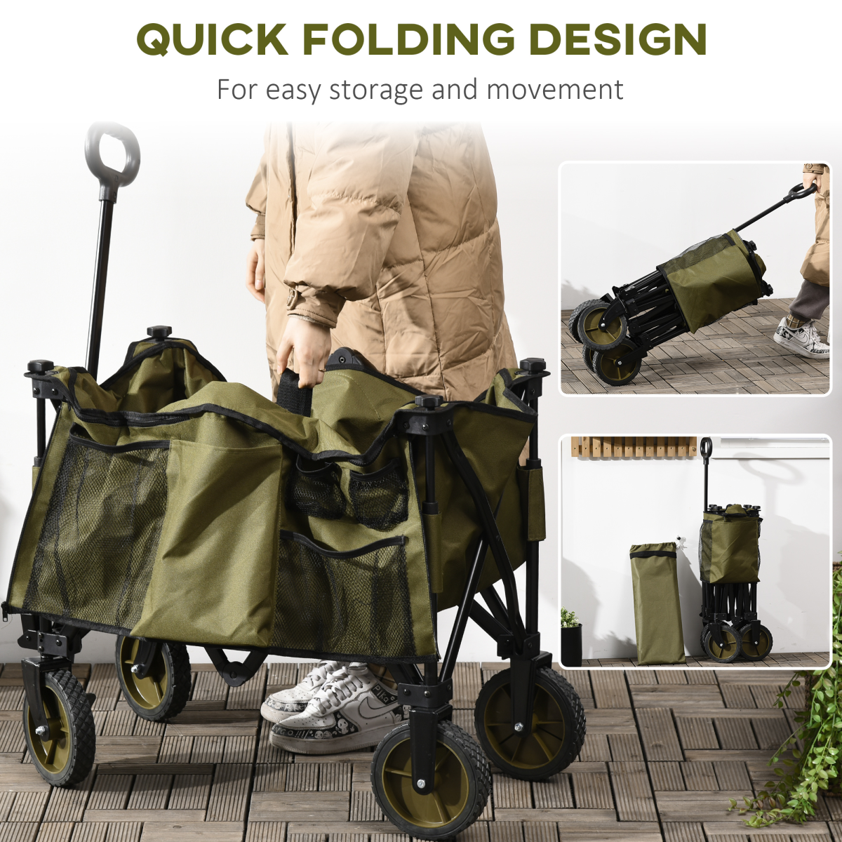 Outsunny Folding Garden Trolley with Fabric Bag & Top Cover, 100kg Load – Collapsible Steel Camping Cart