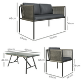 Outsunny 4 Seater Rattan Garden Furniture Set with Tempered Glass Coffee Table – Outdoor Sofa Set, Grey