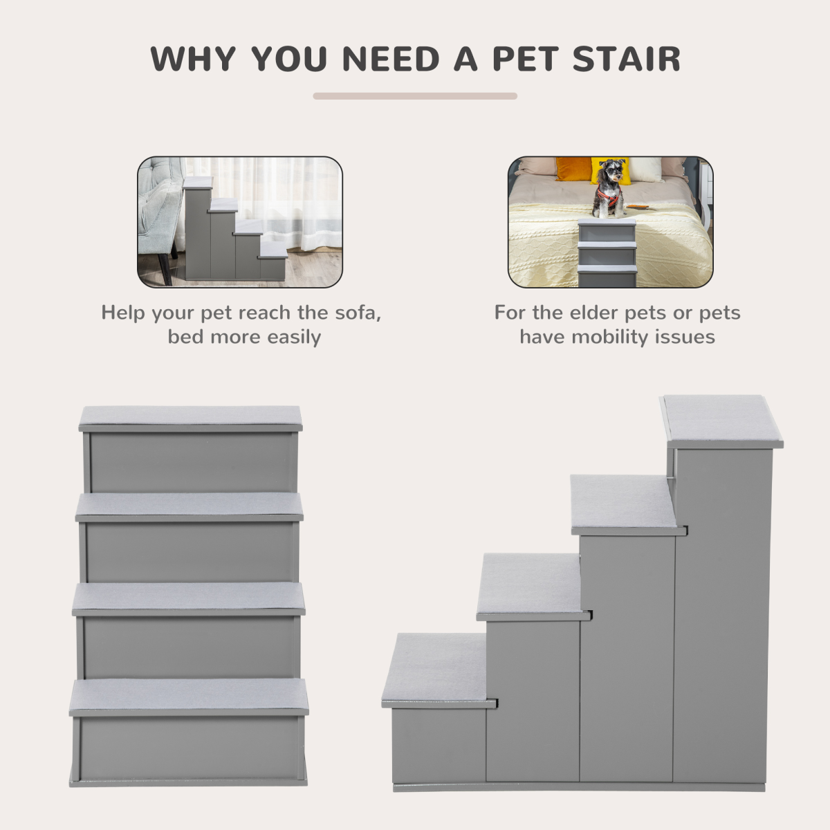 Pawhut 4 Step Wooden Dog Steps with Removable Cushions – Pet Stairs and Cat Ladder for Bed and Couch, Grey