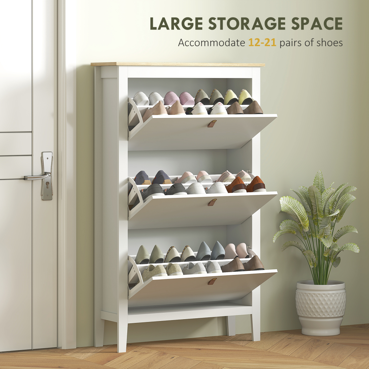 3-Drawer Shoe Cabinet with Flip Drawers for 21 Pairs – Slim Hallway Shoe Storage, White and Oak