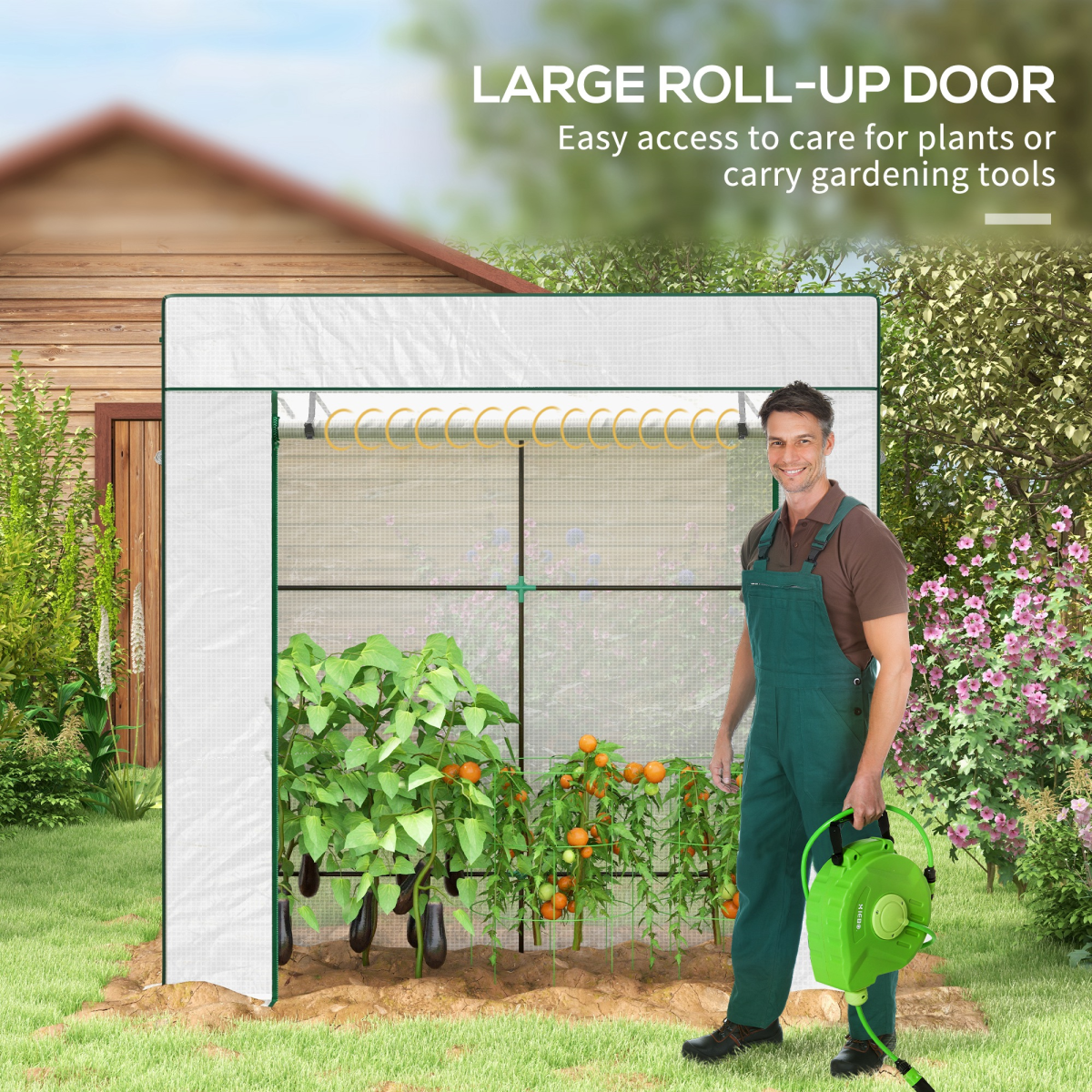 Outsunny Walk-in Lean-to Greenhouse with PE Cover, Roll-up Door & 2 Mesh Windows – Plant Protection, White