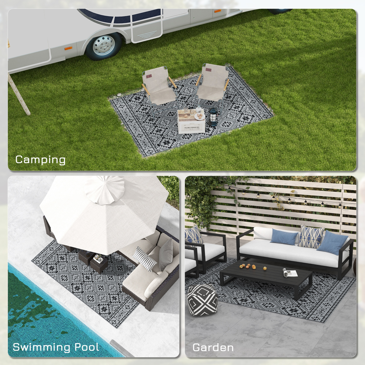 Outsunny Reversible Waterproof Outdoor Rug with Carry Bag, 182 x 274cm, Black