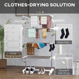 HOMCOM 4-Tier Folding Clothes Airer Rail with Wheels – Indoor Garment Drying Stand, White and Silver