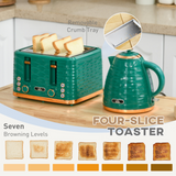 HOMCOM Pebbled 1.7L Rapid Boil Kettle & 4-Slice Toaster Set – Matching Breakfast Duo, Green