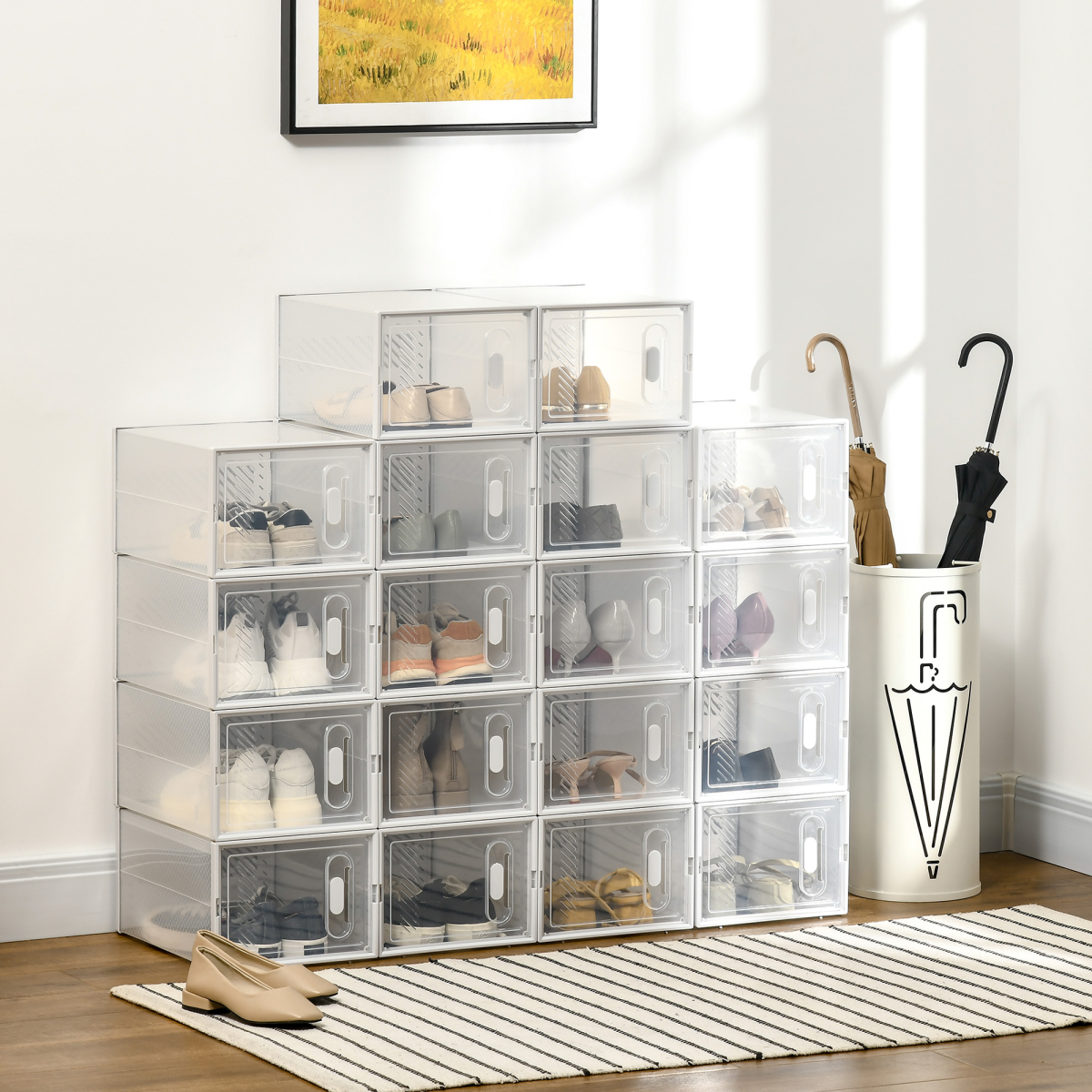 Stackable Shoe Storage Boxes, Set of 18 Clear Plastic Shoe Organisers with Magnetic Doors – Clear & White