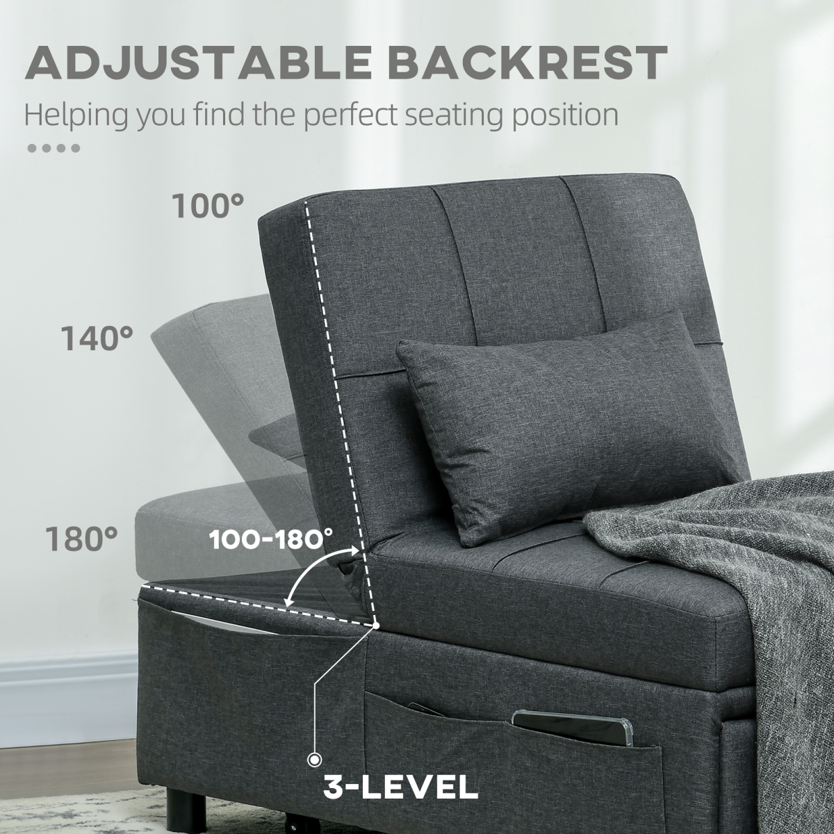 HOMCOM Folding Single Sofa Bed with Adjustable Backrest & Pillow – Sofa, Lounger and Bed in One, Grey