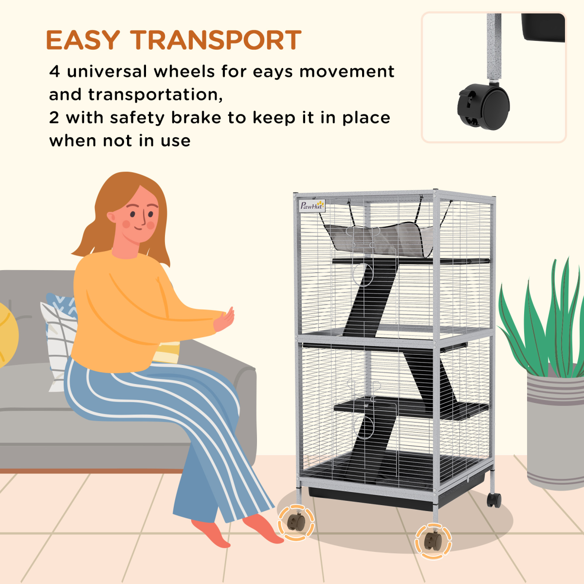 PawHut Rolling Small Animal Cage with Ramps & Platforms – Chinchilla and Ferret Cage with Hammock, Light Grey