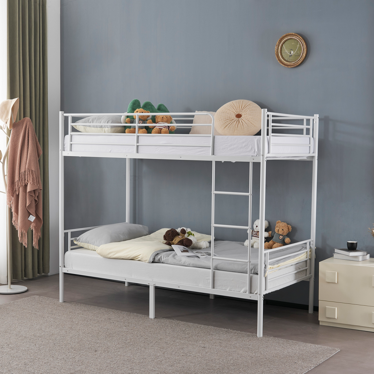 Twin Over Twin Metal Bunk Bed with Ladder, Full-Length Guard Rail & Under-Bed Storage – White