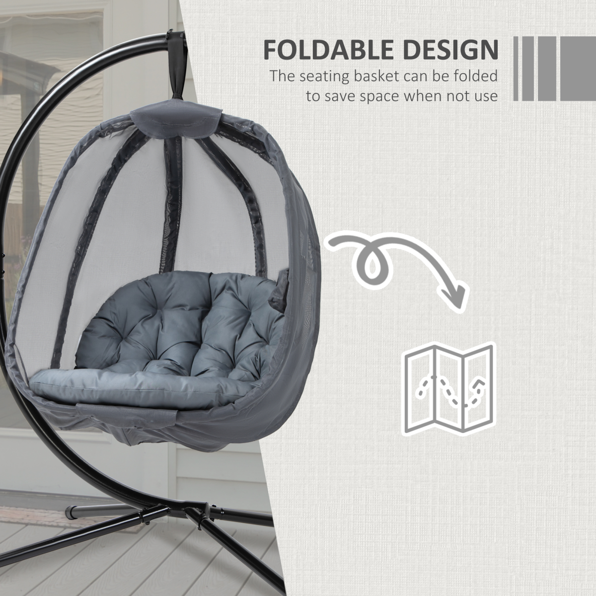 Outsunny Folding Hanging Egg Chair with Cushion, Stand & Pocket – Indoor Outdoor Swing Seat, Grey