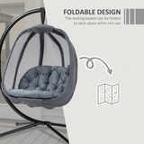Outsunny Folding Hanging Egg Chair with Cushion, Stand & Pocket – Indoor Outdoor Swing Seat, Grey