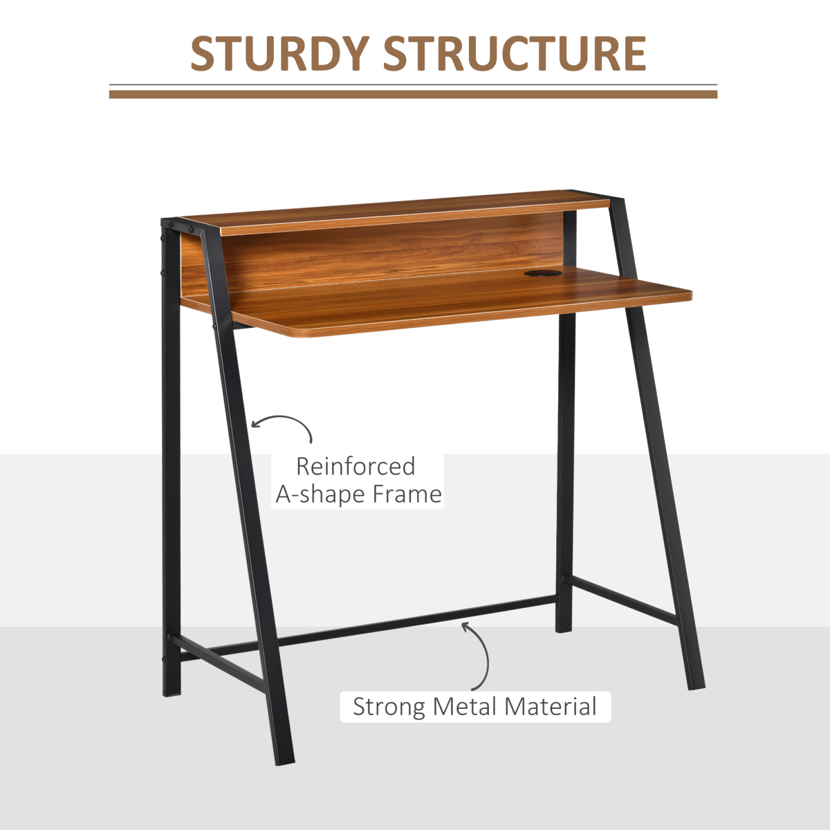 HOMCOM Computer Table with Two-Tier Worktop and Steel Frame – Home Study Desk, 84cm, Walnut Colour