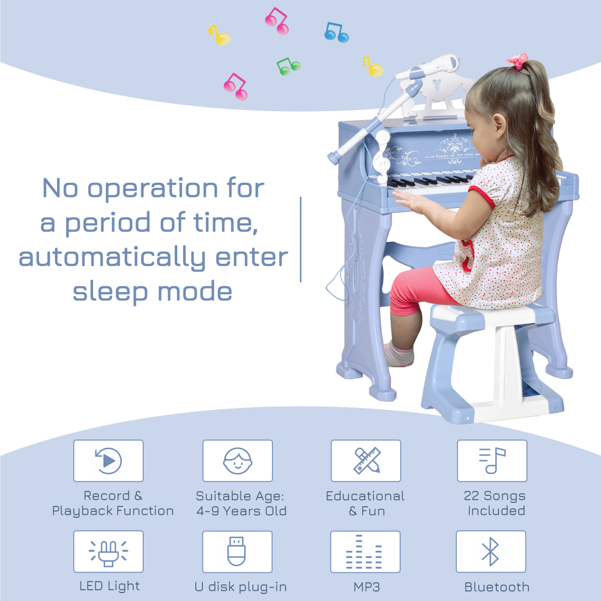 HOMCOM Kids 37-Key Keyboard Piano with Microphone & Stool – Educational Musical Toy