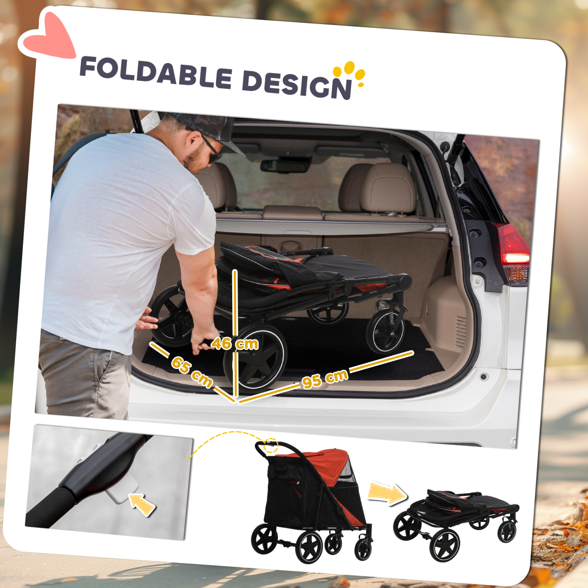 PawHut Foldable Dog Stroller with Universal Wheels and Shock Absorbers – One-Click Fold Pet Pram, Red