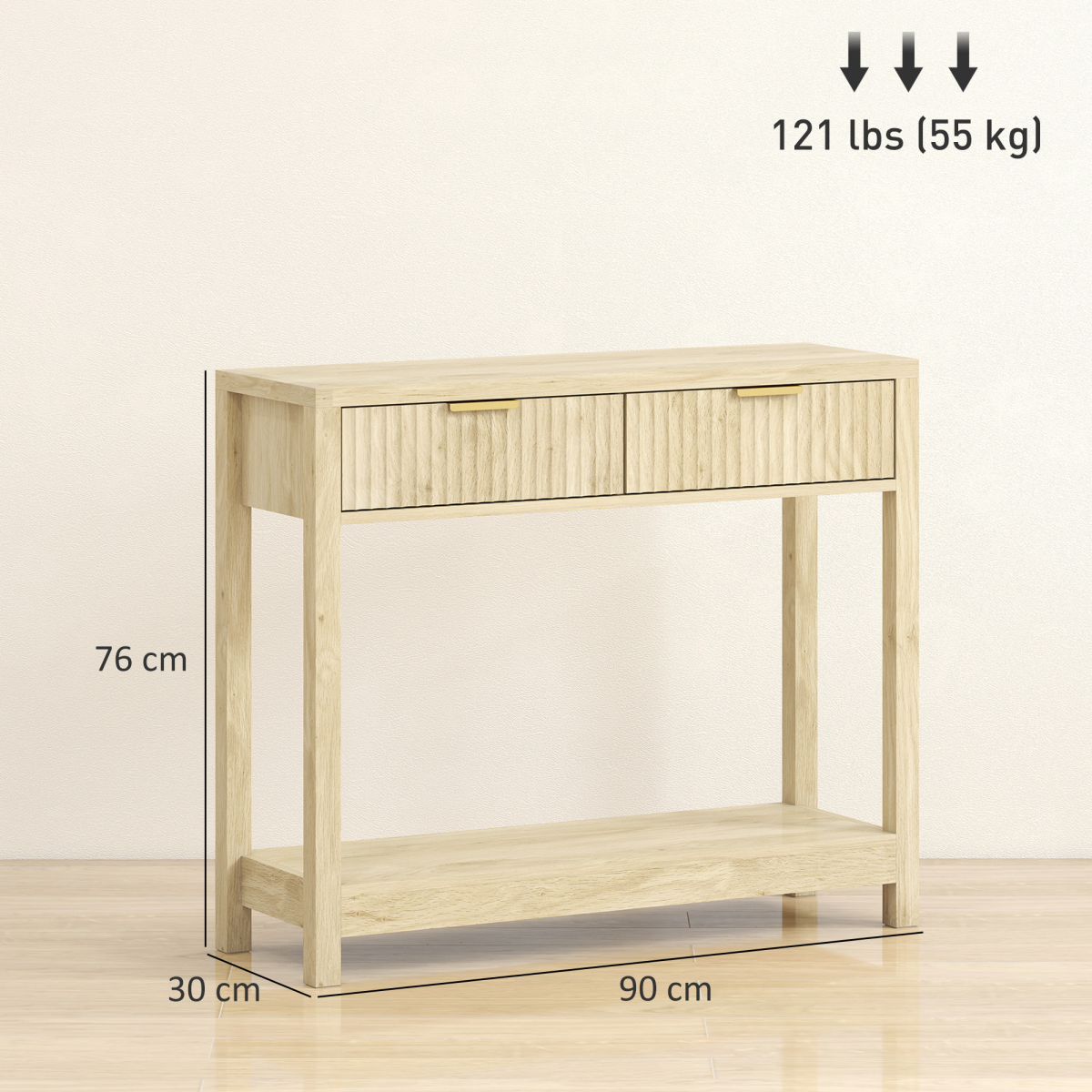 HOMCOM Narrow Console Table with 2 Fluted Drawers & Open Shelf – Slim Hallway Table, Natural
