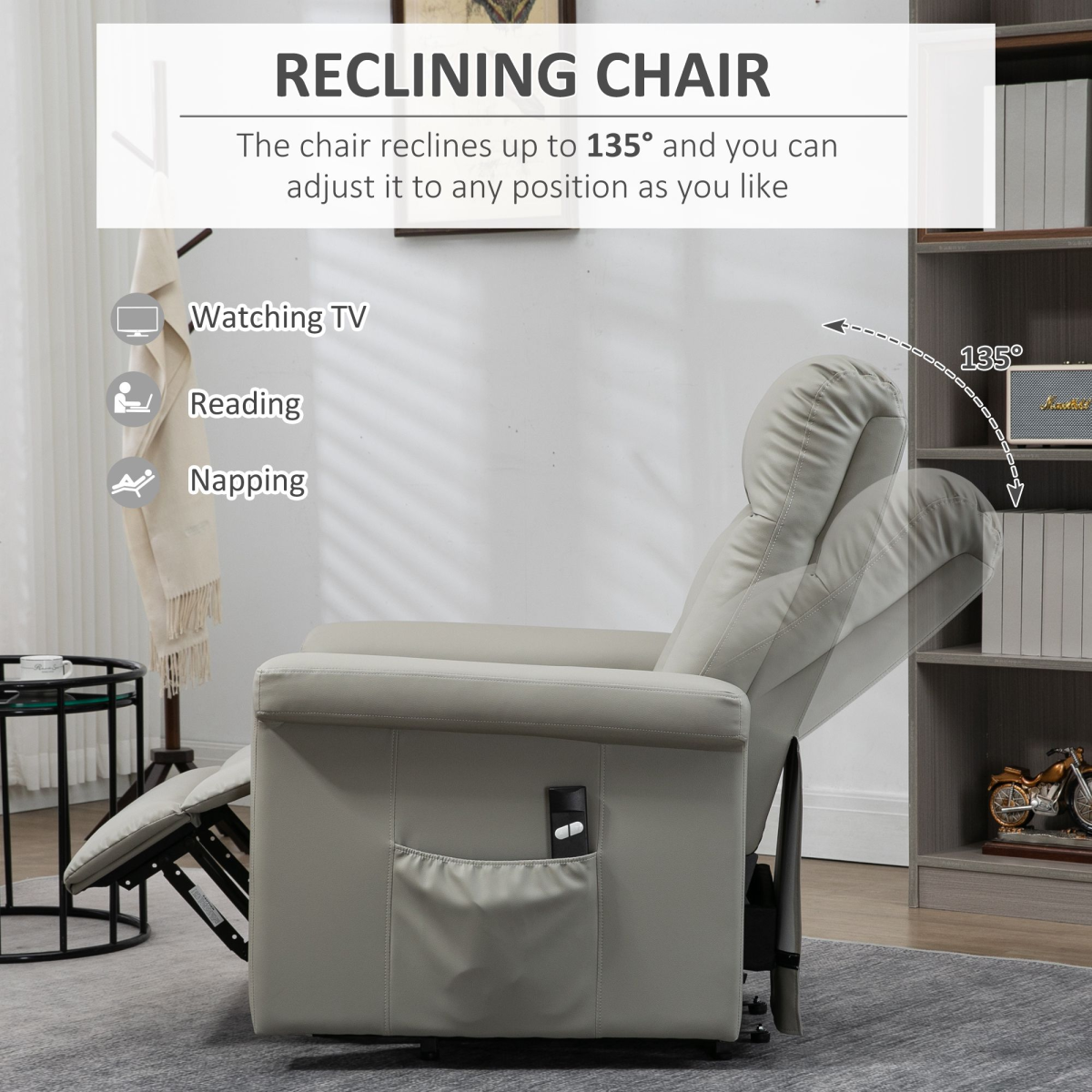 HOMCOM Power Lift Recliner Chair with Side Pocket and Handset Control – Easy-Clean Grey PU Leather