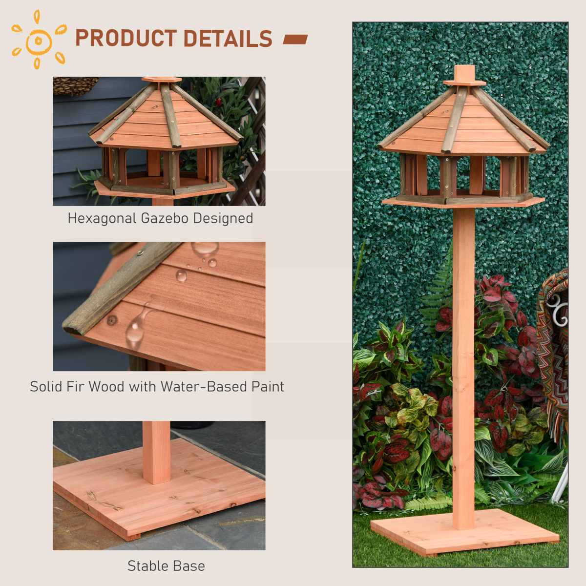 PawHut Wooden Bird Table with Roof, Fir Wood Feeding Platform – Garden Bird Feeder Stand, Brown, 130cm
