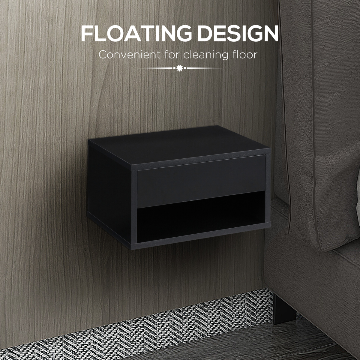 HOMCOM Set of 2 Floating Wall-Mounted Bedside Tables with Drawer – Space-Saving Bedroom Storage, Black