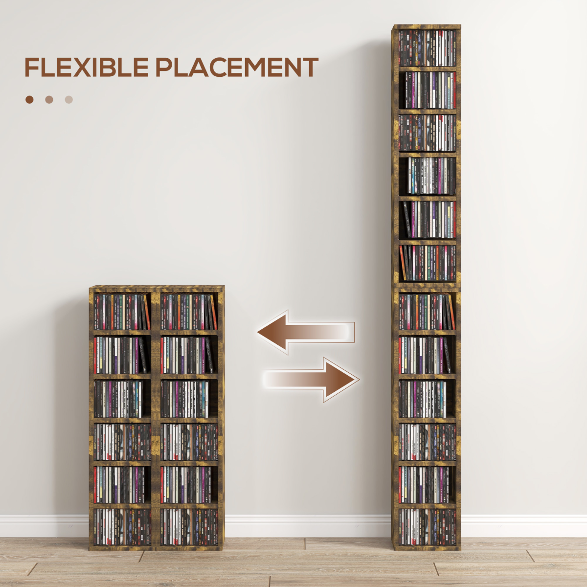 HOMCOM Set of 2 CD & Media Tower Racks with Adjustable Shelves – DVD & Games Storage, Rustic Brown