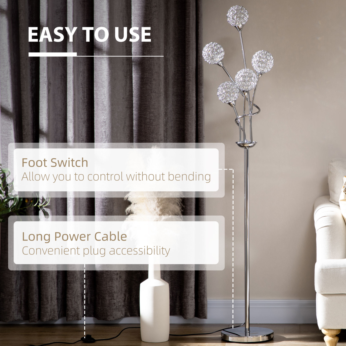 HOMCOM K9 Crystal 5-Light Upright Floor Lamp with Bead-Filled Shades – Living Room Standing Light, Silver