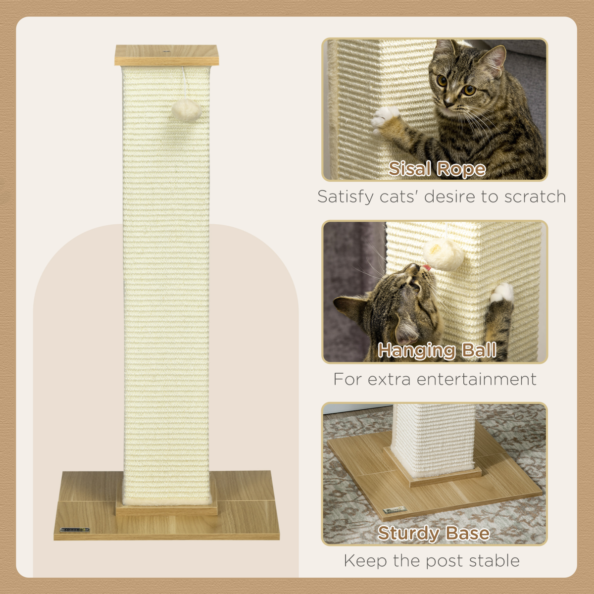 PawHut 80cm Cat Scratching Post with Sisal Rope & Toy Ball – Indoor Cat Scratcher, White