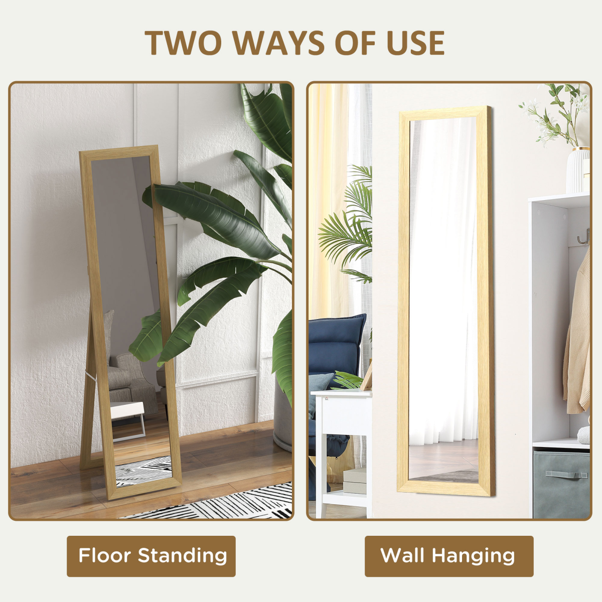 HOMCOM Farmhouse Full Length Mirror – Wall Hanging or Freestanding Dressing Mirror, Wood Effect Frame