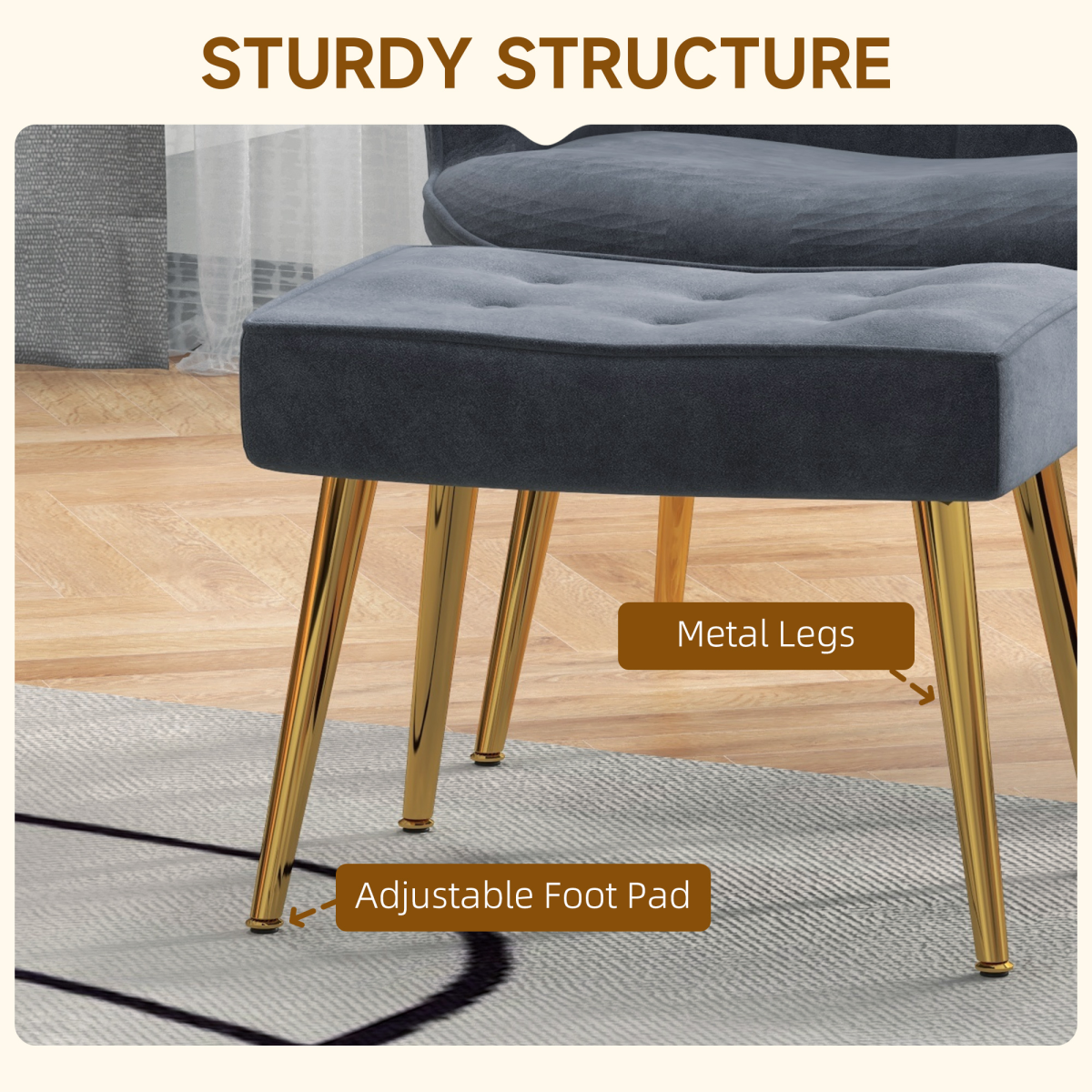 HOMCOM Button-Tufted Armchair & Footstool Set with Gold-Tone Steel Legs – Living Room Seating, Dark Grey