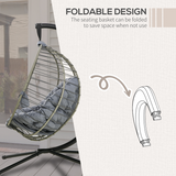 Outsunny PE Rattan Hanging Swing Chair with Stand, Padded Cushion & Cup Holder – Foldable Egg Chair, Grey