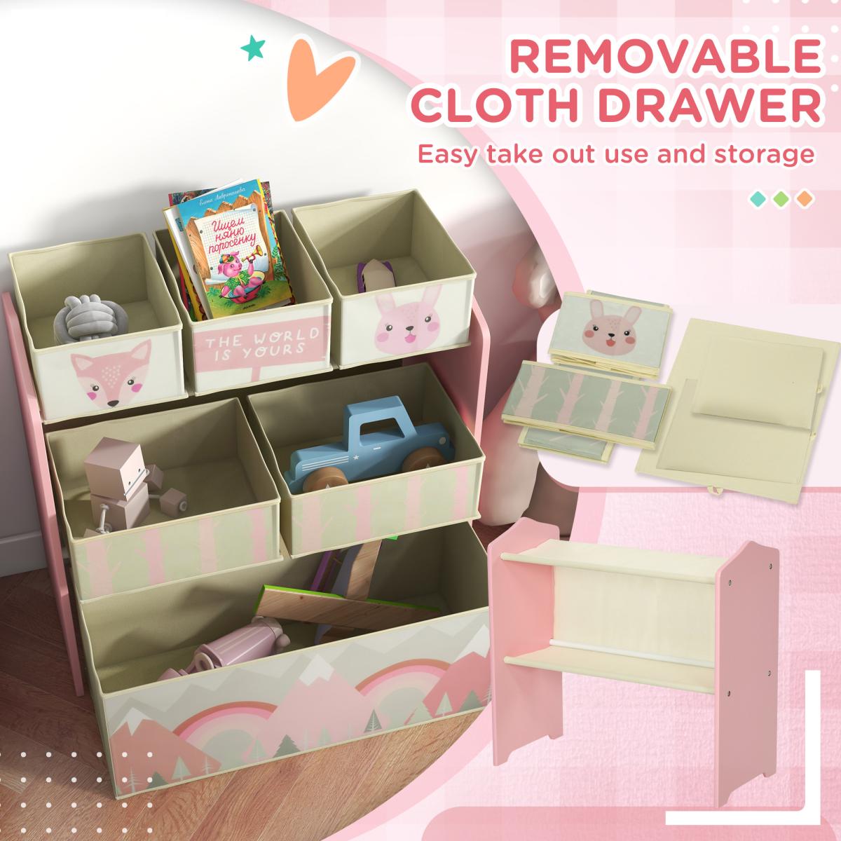 ZONEKIZ Kids Storage Unit with 6 Boxes – Children's Toy Storage Organiser for Ages 3-8, Pink