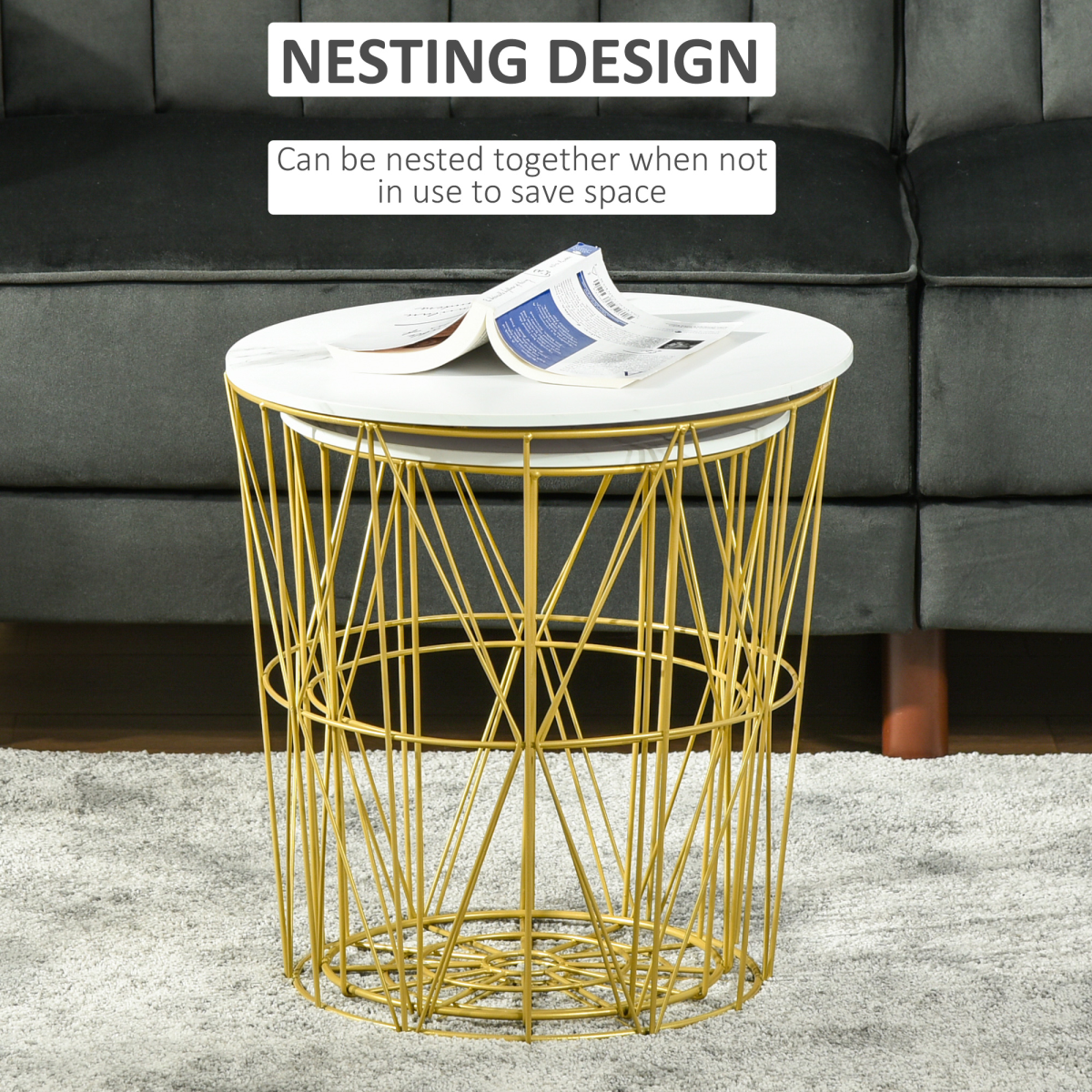 HOMCOM Set of 2 Nesting Side Tables with Marble-Effect Removable Top and Basket – Gold Steel Frame, White