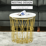 HOMCOM Set of 2 Nesting Side Tables with Marble-Effect Removable Top and Basket – Gold Steel Frame, White
