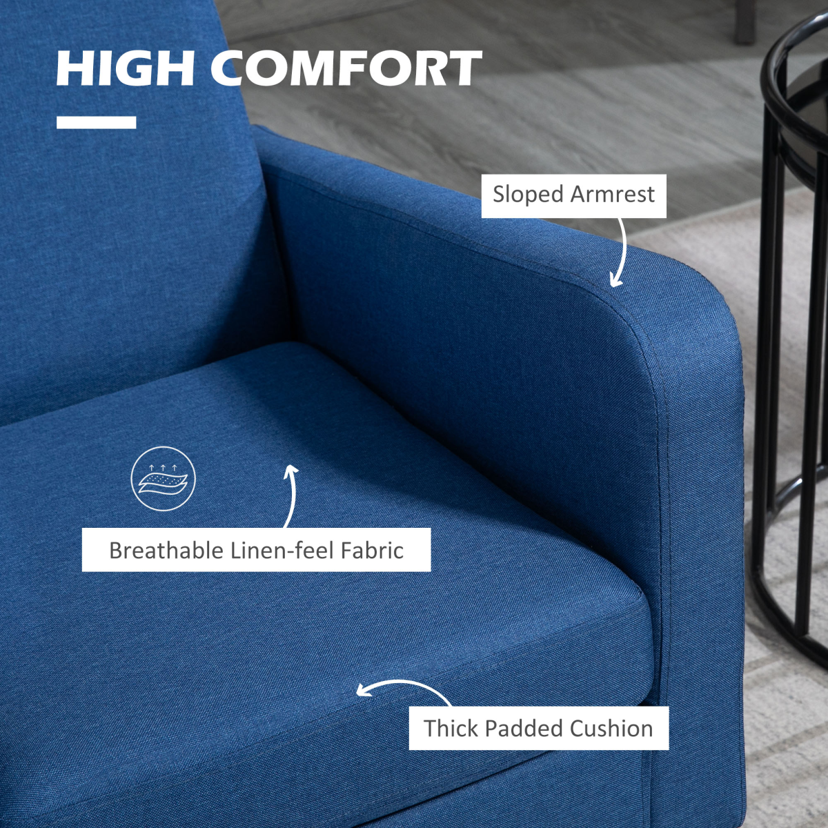 HOMCOM Compact Modern Accent Armchair with Rubber Wood Legs & Linen-Feel Upholstery – Blue