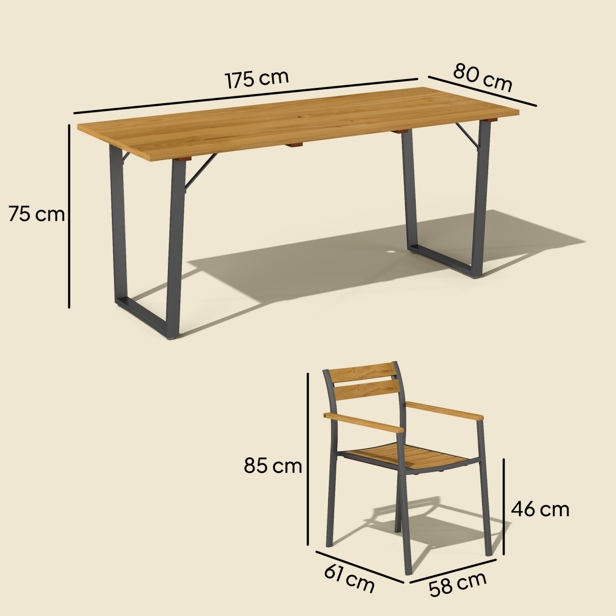 Outsunny 7 Piece Garden Dining Set with Table & 6 Stackable Chairs, Parasol Hole – Steel & Fir Wood, Brown