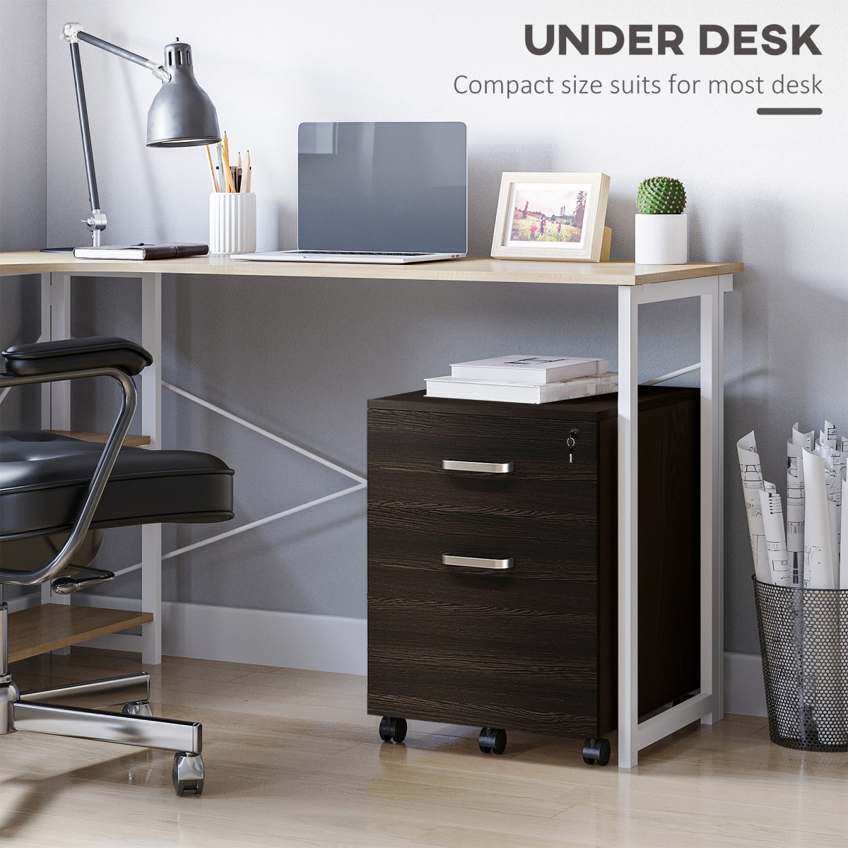 Vinsetto 2-Drawer Locking Mobile Filing Cabinet on 5 Wheels – Under-Desk Home Office Storage, Brown