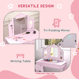 AIYAPLAY Kids Dressing Table Set with Tri-Fold Mirror, Stool and Drawer – Playroom Make Up Vanity, Pink