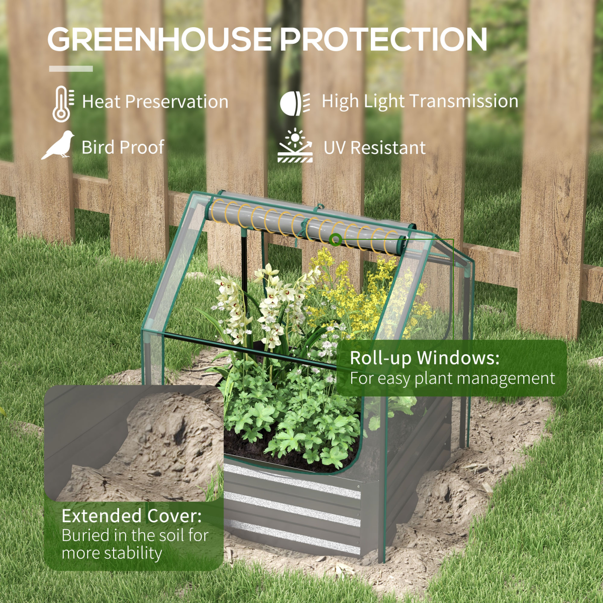 Outsunny Raised Garden Bed Planter with Greenhouse Cover, Steel Base & Roll-up Windows – 70 x 70 cm