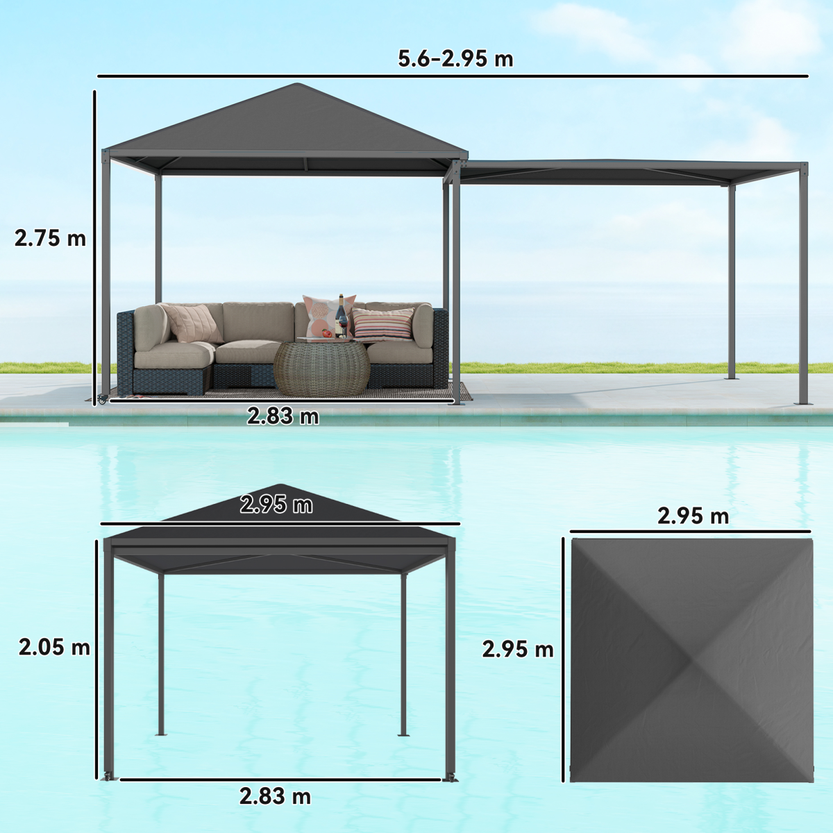Outsunny 3 x 3m Garden Gazebo with Extendable Awning, Wheels & UPF30+ Canopy – Patio Shelter, Dark Grey