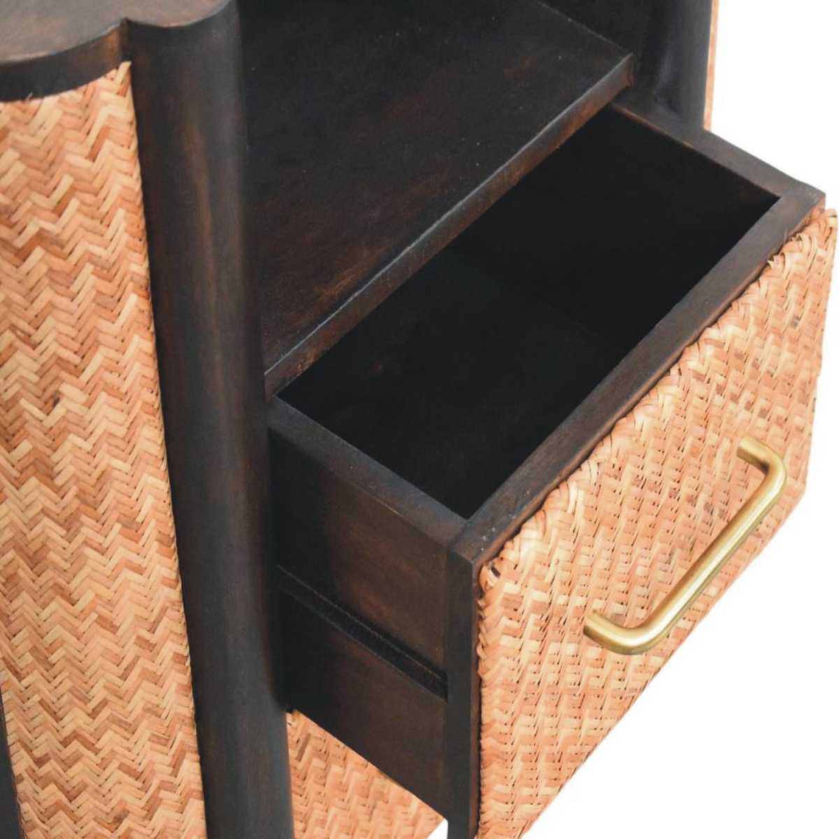Artisan Furniture Solid Wood Rattan Curve Edge Nightstand with 2 Drawers and Shelf – Bedroom, Dark Brown