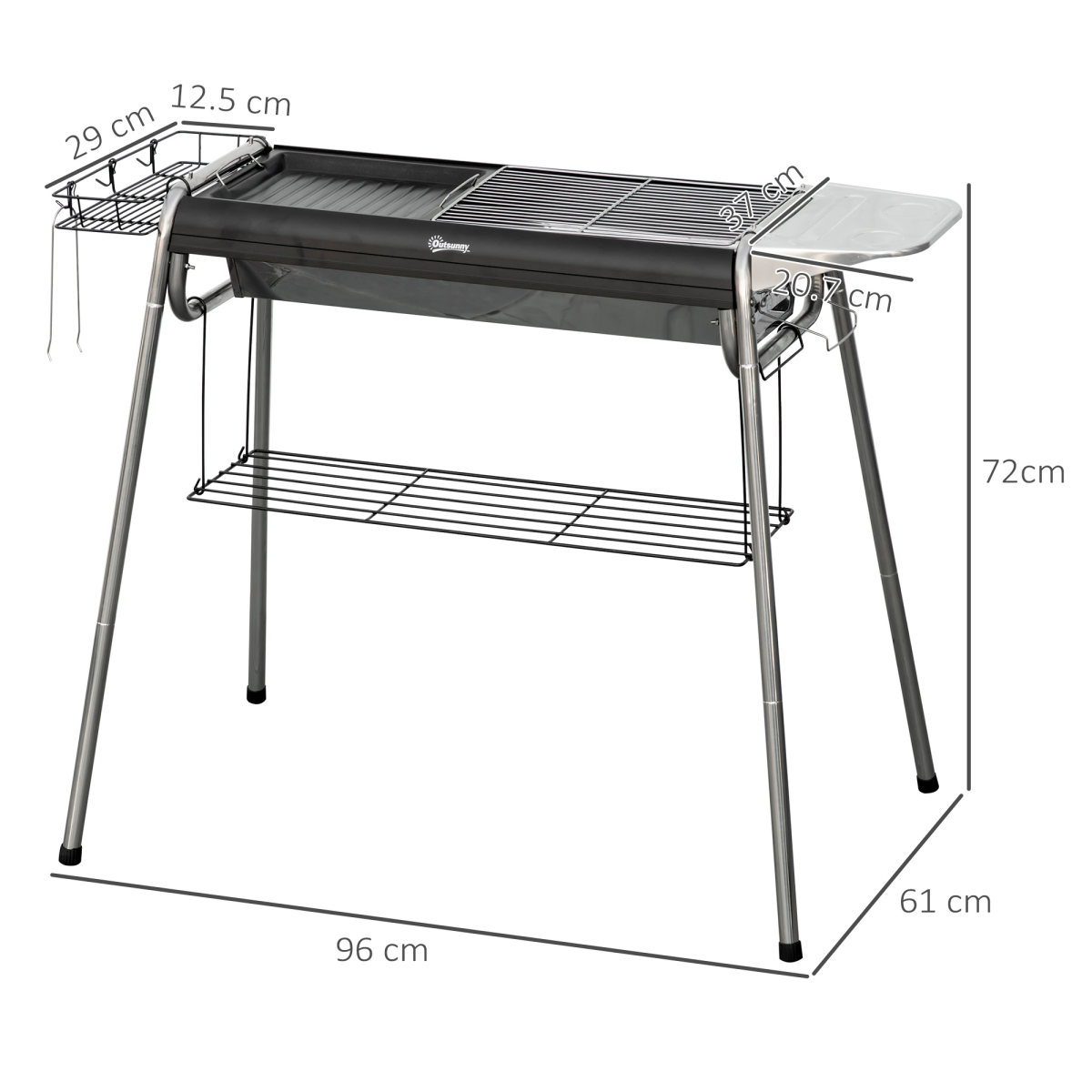 Outsunny Charcoal BBQ Grill with Griddle Plate, Side Basket & Shelves – Portable Camping Barbecue, Black